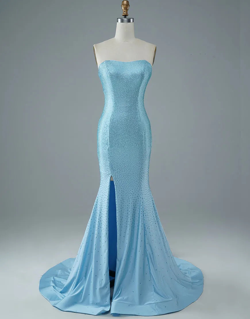 Wholesale Sexy Tight Strapless Light Blue Long Prom Dress